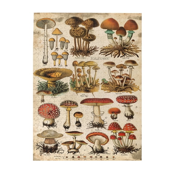 500 PCS 500 Piece Wooden Puzzles Mushroom Fungi Illustrated,Brain Challenge,Vintage Style Mushroom Fun Puzzles 500 Piece,Unique And Beautiful Design,Gift Suitable Family Friends,Stunning Artwork