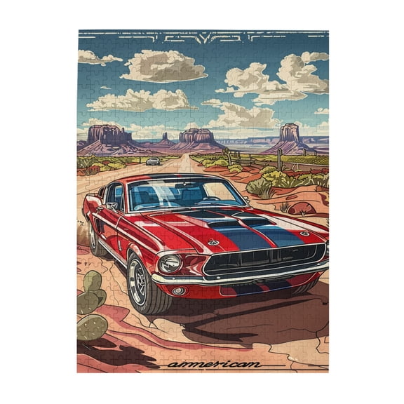 500 PCS American Muscle Car Puzzles For Adults 500 Pieces,Challenging Brain Exercise,Featuring Classic Illustrations,Depict A Muscle Car In The Desert,Fun Wooden Puzzle,Gift For Cat Lovers