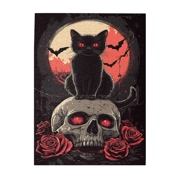500 PCS Black Cat And Skull Rose Puzzles For Adults 500 Pieces,Vibrant Design,Classic Holiday Gifts Artwork,Funny Black Cat Wooden Jigsaw Game,Great For Relaxation And Display For Puzzle Enthusiast