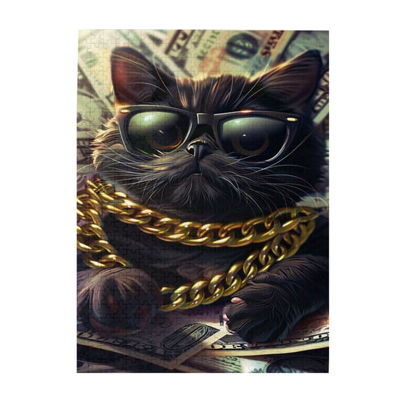 500 PCS Black Cat Boss 500 Piece Vibrant Wooden Jigsaw,Enjoy The Puzzle Solving Process,Brain Challenge,Featuring Unique And Vibrant Illustrations Depicting A Black Cat Boss With A Gold Chain