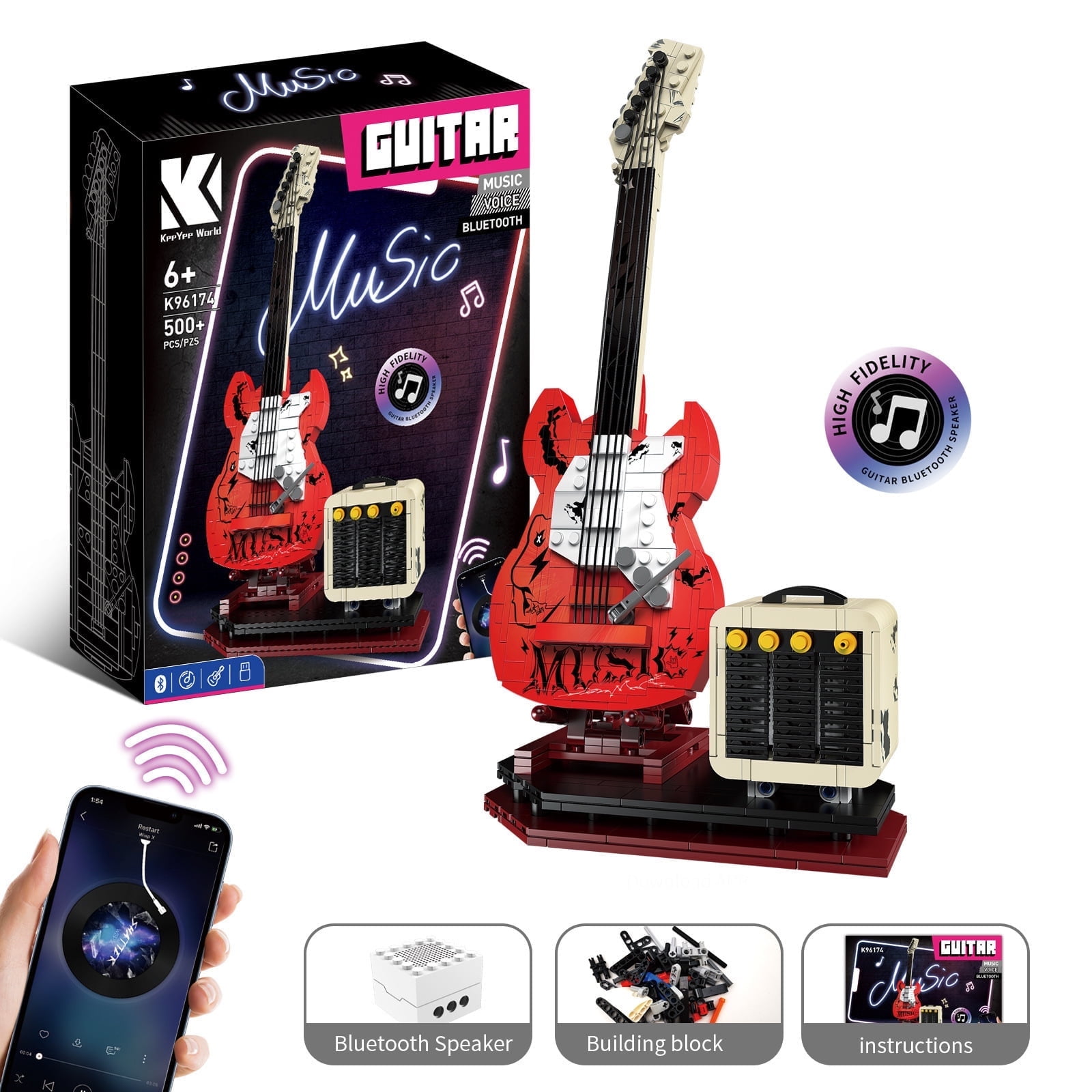 500+PCS Building Blocks Guitar Bluetooth Speaker, Assembleable Music Decor with Stand, Compatible Major Bricks, Gift for Music Lovers Christmas Birthday Valentine's Day
