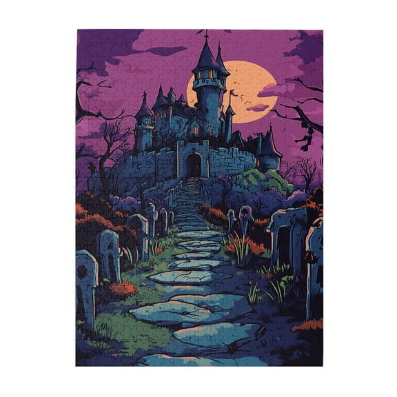 500 PCS Cemetery Castle Night - 500 Piece Family Jigsaw Puzzle,Featuring Bold And Terrifying Illustrations, It Showcases A Castle Built On A Tomb,Classic Holiday Decor Wooden Puzzle,Relax Yourself
