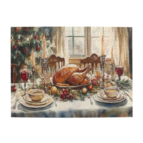 500 PCS Christmas Turkeys Feast 500 Piece Family Fun Jigsaw Puzzles,Brain Challenge,Vibrant Colors,Creative Activity Hobbies For Adults,Oil Painting Style Christmas Theme Wooden Puzzle