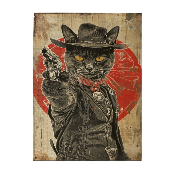 500 PCS Cowboy Cat Detective 500 Piece Vibrant Jigsaw Puzzle,Vintage Style Wooden Puzzle Game,Featuring Retro And Bold Illustrations Depicting A Cat Holding A Gun,Funny Artwork For Adults