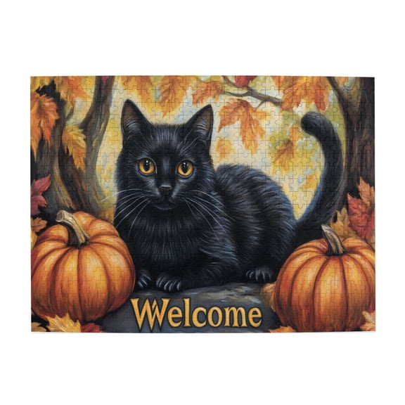 500 PCS Cute Black Cat And Pumpkin 500 Piece Puzzle For Adults,Brain Challenge,Unique And Beautiful Design,That Come Together As One Holiday Image,Funny Animal Holiday Decor Wooden Puzzle Game