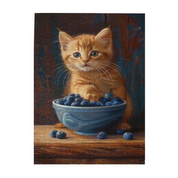 500 PCS Cute Kittens & Blueberries Wooden Jigsaw Puzzles 500 Pieces,Unique And Beautiful Design,Featuring Beautiful And Vibrant Illustrations Depicting A Cat Eating Blueberries,For Cat Lovers Gift