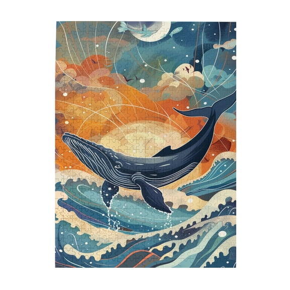 500 PCS Fantasy Flying Whale Wooden jigsaw puzzles 500 pieces,Brain Challenge,Stunningly Vibrant Colors,Modern Art Whale Puzzle Game,Puzzles suitable for entertaining with family during holidays
