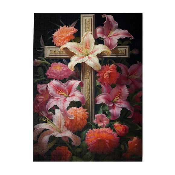500 PCS Flower Cross 500 piece jigsaw puzzle for adults,Vibrant Colors,Family leisure and entertainment,Christian Puzzles with Charm Flower,Religious Puzzle as Home Decor,Wooden Puzzles