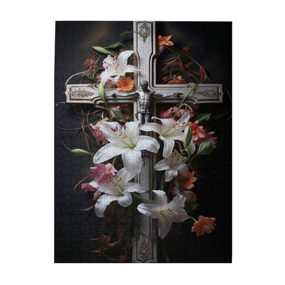 500 PCS Flower Cross 500 PCS jigsaw puzzle for adults,Vibrant Colors,Family leisure and entertainment,Christian Puzzles with Charm Flower,Religious Puzzle as Home Decor,Wooden Puzzles