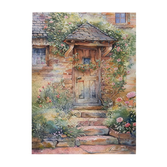 500 PCS Flowers For Vintage Houses - 500 Piece Art Jigsaw Puzzles,Relax Yourself,Featuring By Retro And Beautiful Illustrations Depicting Flowers In Front Of An Old House,Classic Wooden Puzzle Game