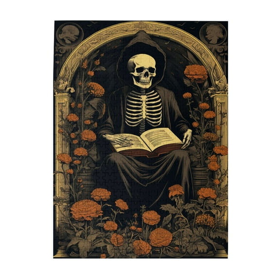 500 PCS Fun Skeleton Reading Time 500 Piece Wooden Jigsaw Puzzles,Wonderful Imagination,Characterized By Bold And Unique Illustrations, Depict A Skull Reading A Book,Chic Wooden Puzzle