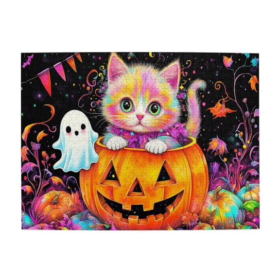 500 PCS Funny Kitten And Pumpkin Lantern 500 Piece Puzzle For Adults,Brain Challenge,Relax Yourself,Enjoy The Puzzle Solving Process,Chic Kitten Wooden Jigsaw Puzzles,Gift Suitable Family Friends