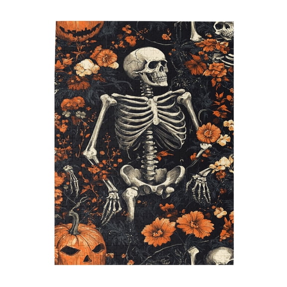 500 PCS Funny Pumpkin Skeleton 500 Piece Wooden Puzzle For Adults,Create A Festive Atmosphere,Characterized By Bold And Terrifying Illustrations It Depicts A Skeleton Lying Among Pumpkin Flowers