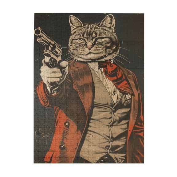 500 PCS A Gentleman Cat Holding A Gun 500 Piece Funny Jigsaw Puzzles,Challenging Brain Exercise,Unique Artwork For Adults,500 Piece Wooden Puzzle For Adults Challenging Charm Puzzle For Game Night