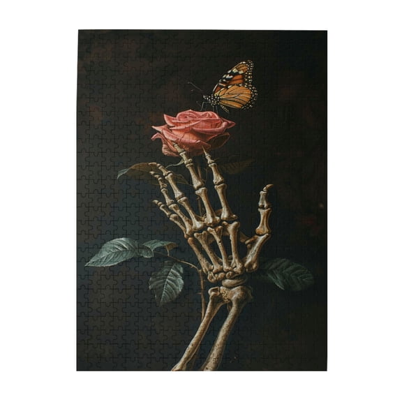 500 PCS Grasp Love - Skeleton Hand And Rose 500 Piece Wooden Jigsaw Puzzles,Unique And Beautiful Design,Modern Art Skeleton Puzzle As Home Wall Decoration,Creative Activity Hobbies For Adults