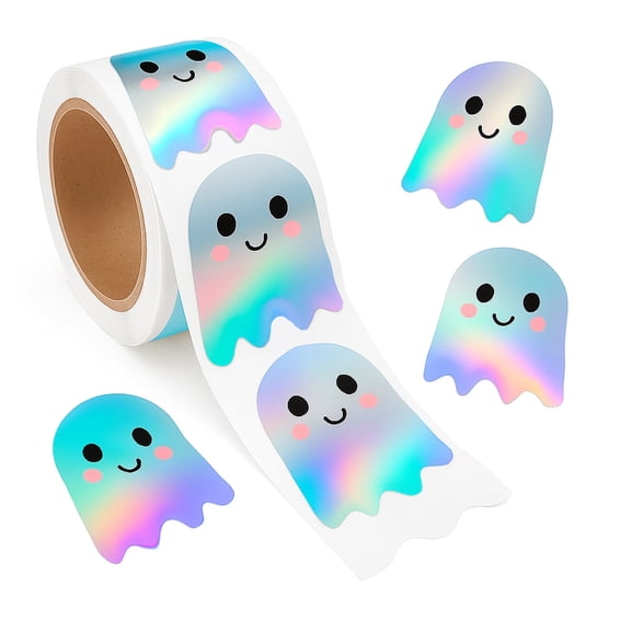 500 PCS Holographic Cute Ghost Stickers Roll, 1.5 inch Shiny Rainbow Spooky Decals, Kawaii Halloween Treat Bag Seals, Kids Party Favors, Classroom Rewards & Decoration