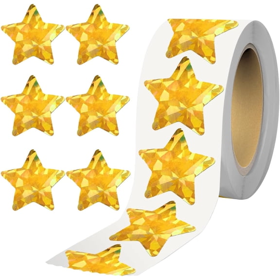 500 PCS Holographic Gold Star Stickers for Kids Reward, 1 inch Self Adhesive Metallic Glitter Foil Stickers for Behavior Chart Labels, Student Planner and Teacher Supplies