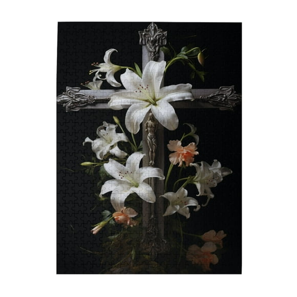 500 PCS Lily Cross 500 Piece Charm jigsaw puzzles,Stunningly Vibrant Colors,Ideal for game nights,Adult Wooden Puzzle,Christian Puzzles with Colorful Flower,Religious Puzzle as Home Decor
