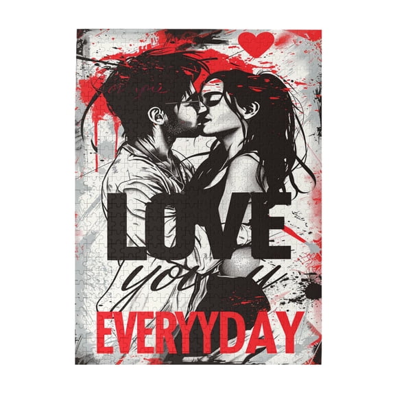 500 PCS 'Love You Everyday' Slogan Passionate Couple - 500 Piece Charm Jigsaw Puzzles,Hot Love,Featuring Retro And Beautiful Illustrations,Depicting A Kissing Couple,Funny Wooden Puzzle Game
