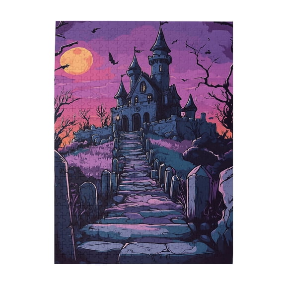 500 PCS Moon Night Cemetery Castle 500 Piece Puzzle For Adults,Brain Challenge,Take You Into This Terrifying Castle,Vintage Style Castle Wooden Jigsaw Puzzles,Creative Activity Hobbies For Adults