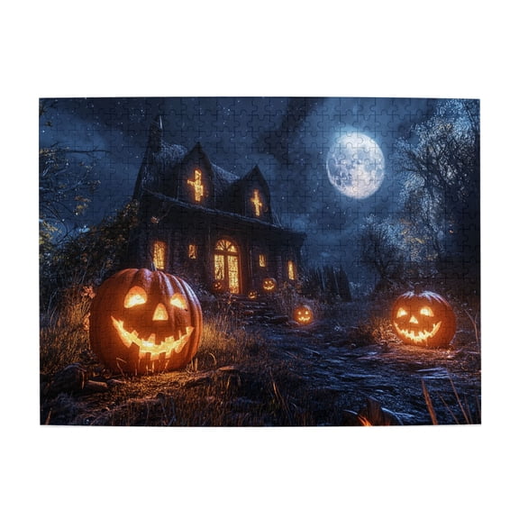 500 PCS Moonlit Villa Pumpkin Lantern 500 Piece Puzzle For Adults,Brain Challenge,Funny Pumpkin Lantern Modern Art Wooden Puzzle Game,Puzzles Suitable For Entertaining With Family During Holidays
