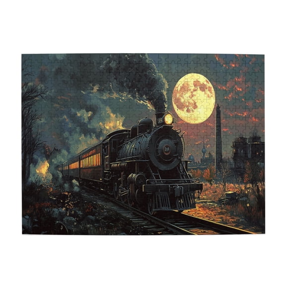 500 PCS Mysterious Moonlight Steam Train Whimsical 500 Piece Wooden Jigsaw Puzzles,Enjoy The Puzzle Solving Process,Wonderful Imagination,Funny Artwork For Adults,Enjoy The Puzzle Solving Process