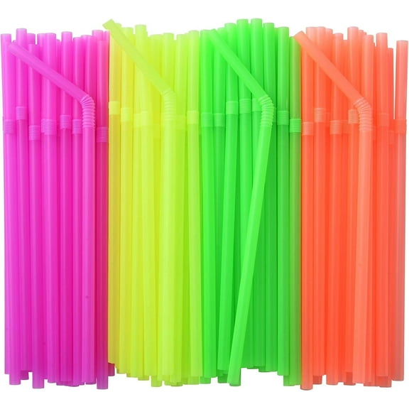 500-PCS Neon Colored Flexible Drinking Straws, Plastic Disposable Bendy Straws - 7.75" x 0.23"