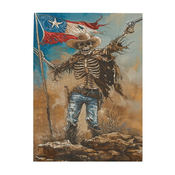 500 PCS Patriotic Skeleton Cowboy - 500 Piece Fun Jigsaw Puzzles,Wonderful Imagination,Unique Gun Holding Denim Puzzle As Home Decoration,Vintage Art Wooden Puzzle,Enjoy The Puzzle Solving Process