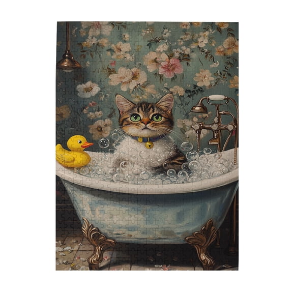 500 PCS 500 Piece Puzzle For Adults Lovely Cat'S Bathing Time,Brain Challenge,Unique And Beautiful Design,Classic Bathing Cat Wooden High Difficulty Puzzle 500 Piece,Gifts For Friends And Family