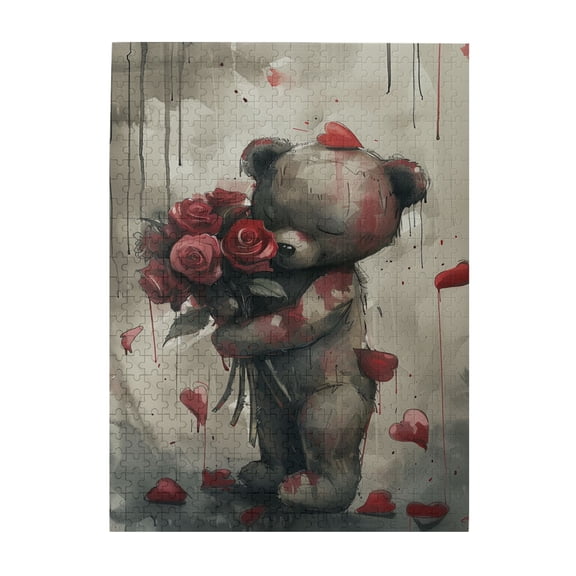 500 PCS 500 Piece Vibrant Jigsaw Muppet Bear Holding Roses,Funny Artwork For Adults,Featuring Retro And Beautiful Illustrations Depicting The Love Of A Bear,Enchanting Wooden Puzzle Game