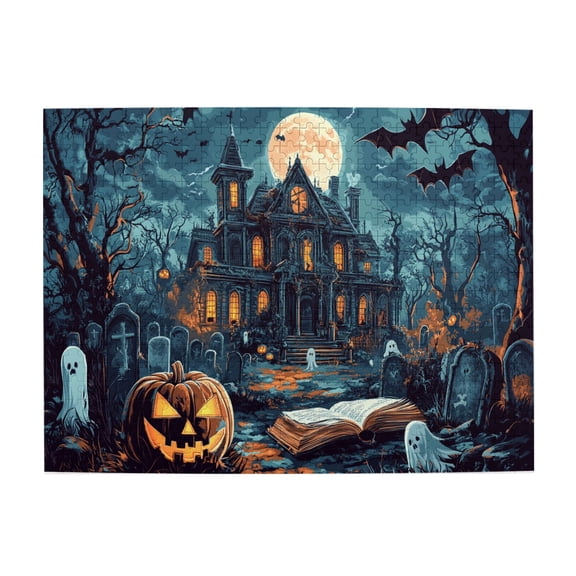 500 PCS 500 Piece Vibrant Jigsaw Puzzle Villa Pumpkin Lantern Night,Stress Relieving Pleasure,Stunningly Vibrant Colors,Brain Challenge,Retro Style Pumpkin Lantern Wooden Puzzle Game 500 Piece