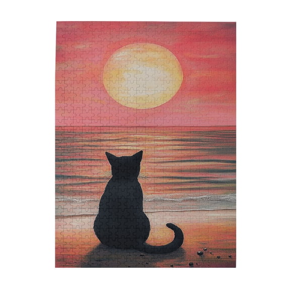500 PCS 500 Piece Wooden Puzzles A Cat Watching The Sunset By The Seaside,Vibrant Design,Brain Challenge,Enchanting Animal Modern Art High Difficulty Puzzle 500 Piece,Gifts For Friends And Family
