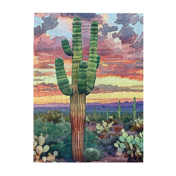 500 PCS 500 Piece Wooden Puzzles Sunset Desert Cactus,Brain Challenge,Challenging Brain Exercise,Fun Plant Landscape Puzzle Game,Puzzles Suitable For Entertaining With Family During Holidays