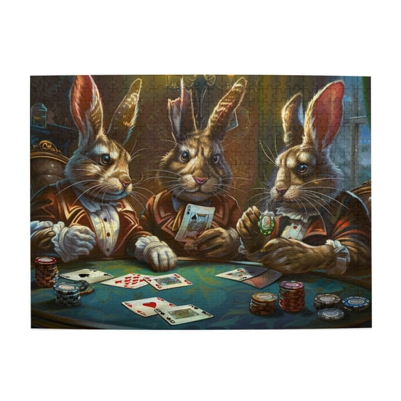 500 PCS Rabbit's Poker Time 500 piece Wooden puzzle for adults,Modern Art Rabbit's Poker Time High difficulty puzzle,500 Piece Jigsaw Puzzle for Adults Challenging Puzzle Perfect for Game Nights