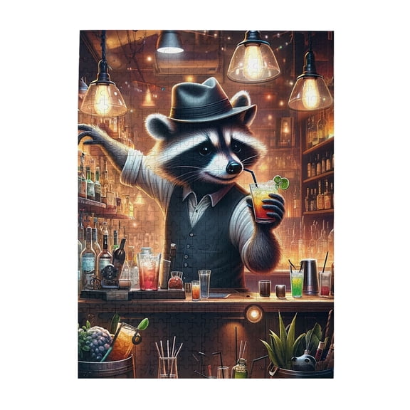 500 PCS Raccoon Bartender 500 Piece Fun Animal Jigsaw Puzzles,Enjoy The Puzzle Solving Process,Whimsical Wooden Jigsaw Pieces For Adults,Unique And Beautiful Design