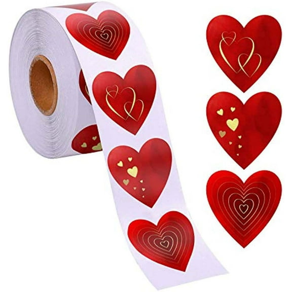 500 PCS Red Heart Sticker, 3 Designs Self-Adhesive Labels in Roll for Valentine's Day, Blood Drives, Teachers & Classrooms, Award Charts, Wedding Invitation Card Bridal Shower Party Favor