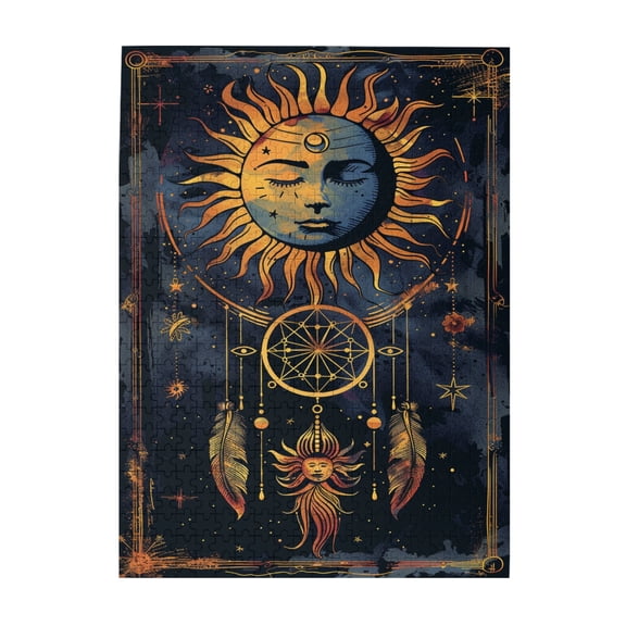 500 PCS Retro Starry Sky Sun Totem 500 Piece Wooden Puzzle For Adults,Wonderful Imagination,Enjoy The Puzzle Solving Process,Featuring Unique And Retro Illustrations,Depict A Beautiful Sun Totem