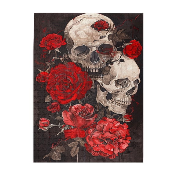 500 PCS Rose Skull Wooden Puzzles For Adults 500 Pieces,Commemorating Love,Challenging Brain Exercise,Characterized By Bold And Unique Illustrations, Depicting A Skeleton Among A Flower Cluster