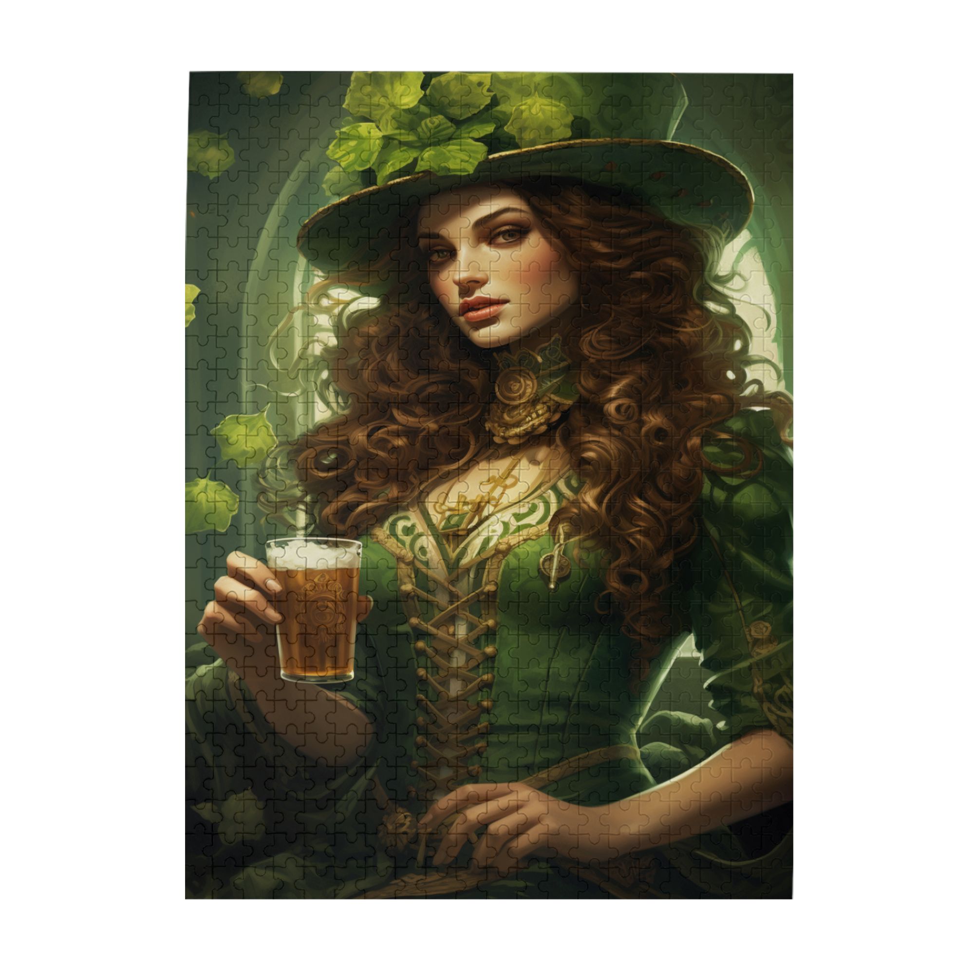500 PCS Saint Patrick'S Day Woman And Beer Lucky Clover 500 Pcs Jigsaw Puzzles,Challenging Brain Exercise,Vintage Style Adult Wooden Puzzle,Charm Holiday Gifts,Family Leisure And Entertainment