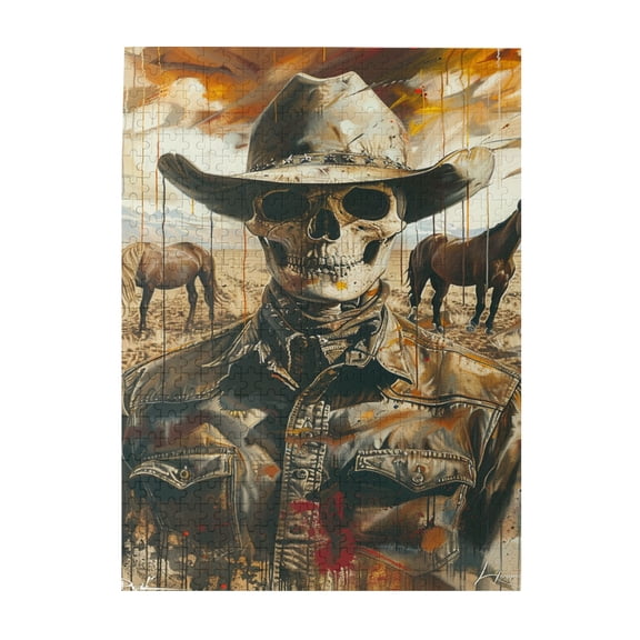 500 PCS Skeleton Cowboy - 500 Piece Funny Jigsaw Puzzles,Unique And Beautiful Design,Characterized By Bold And Retro Illustrations, Depicting A Skeleton Western Cowboy,Classic Wooden Puzzle Game