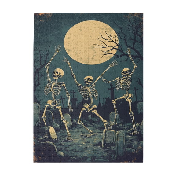 500 PCS Skeleton Dancing Under The Moonlight - 500 Piece Wooden Puzzle Game,Wonderful Imagination,Featuring Bold And Retro Illustrations, It Depicts A Group Of Skeletons Dancing In The Moonlight