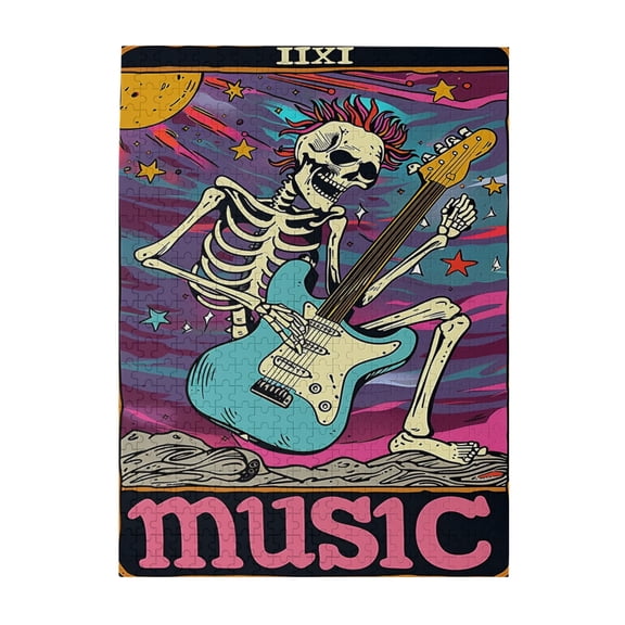 500 PCS Skeleton Musician 500 Piece Puzzle For Adults,Wonderful Imagination,Stress Relieving Pleasure,Characterized By Bold And Unique Illustrations, Depicting A Guitar Playing Skeleton,Wood Puzzle