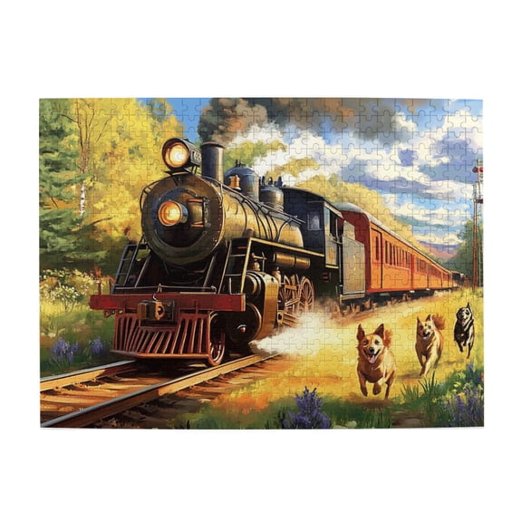 500 PCS Steam train & Running Puppy 500 piece Wooden puzzle,Challenging Brain Exercise,Stunningly Vibrant Colors,Modern Style train & Running Puppy Puzzle,Unique and Beautiful Design,Funny Puzzle