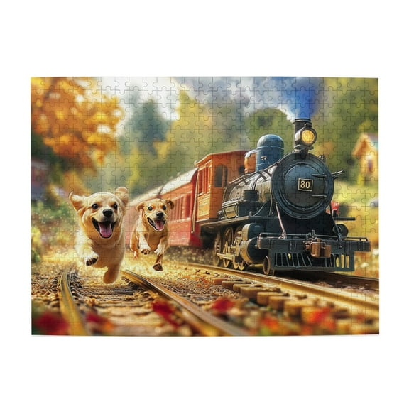 500 PCS Steam train & Running puppy jigsaw puzzles 500 pieces,Challenging Brain Exercise,Enchanting train & Puppy Retro Style Wooden Puzzle,Impossible Hard Difficult Challenging Puzzles for Adults