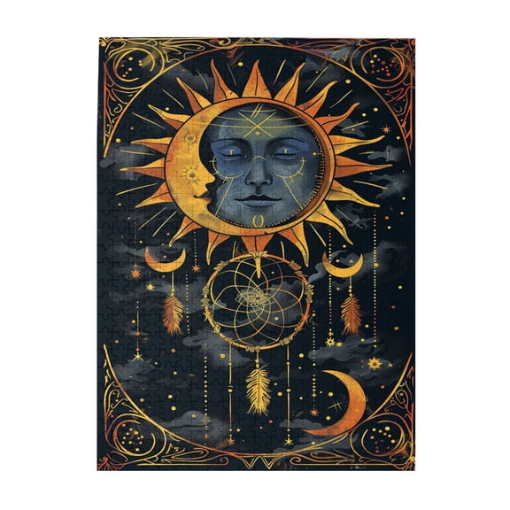 500 PCS Sun Star Moon Totem Puzzles For Adults 500 Pieces,Challenging Brain Exercise,Characterized By Unique And Beautiful Illustrations Depicting The Moon,Stars,Sun Totem,Charm Wooden Puzzle Game