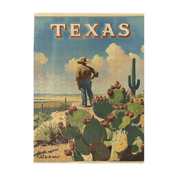 500 PCS 'Texas' Slogan Cowboy & Cactus - 500 Piece Wooden Jigsaw Puzzles,Challenging Brain Exercise,Enjoy The Puzzle Solving Process,Puzzles Suitable For Entertaining With Family During Holidays