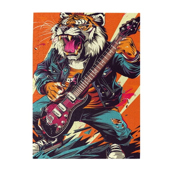 500 PCS Tiger Plays Guitar Wooden Jigsaw Puzzles 500 Pieces,Brain Challenge,Enjoy The Puzzle Solving Process,Modern Art Animal Plays Guitar Funny Puzzle,Gift For Animal & Guitar Lovers