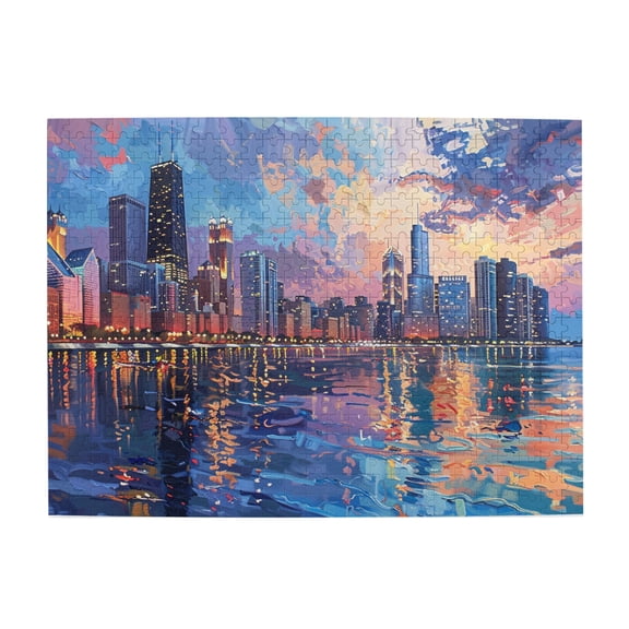 500 PCS Twilight Chicago jigsaw puzzles 500 pieces,Challenging Brain Exercise,Modern Art Chicago Twilight Charm Landscape Puzzle,Great for Relaxation and Display for Puzzle Enthusiasts,Funny Puzzle