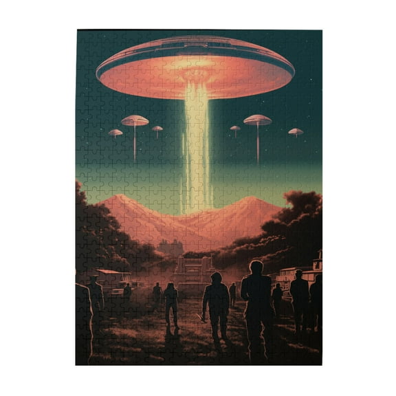500 PCS UFO in the small town 500 Piece whimsical Jigsaw Puzzles,Funny Illustration Wooden Puzzle for Adults,Impossible Hard Difficult Challenging Puzzles for Adults,Vibrant Design