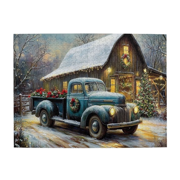 500 PCS Vintage Christmas Truck 500 Piece Family Fun Jigsaw Puzzles,Funny Artwork For Adults,Create A Festive Atmosphere,Oil Painting Style Wooden Puzzle,Creative Activity Hobbies For Adults